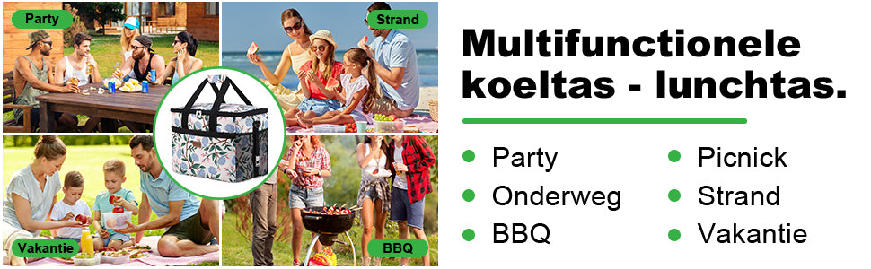 Koeltas 30L white flower - lunchtas - opvouwbaar - 4-laags geïsoleerd - incl. 4 gratis koelelementen en draagband