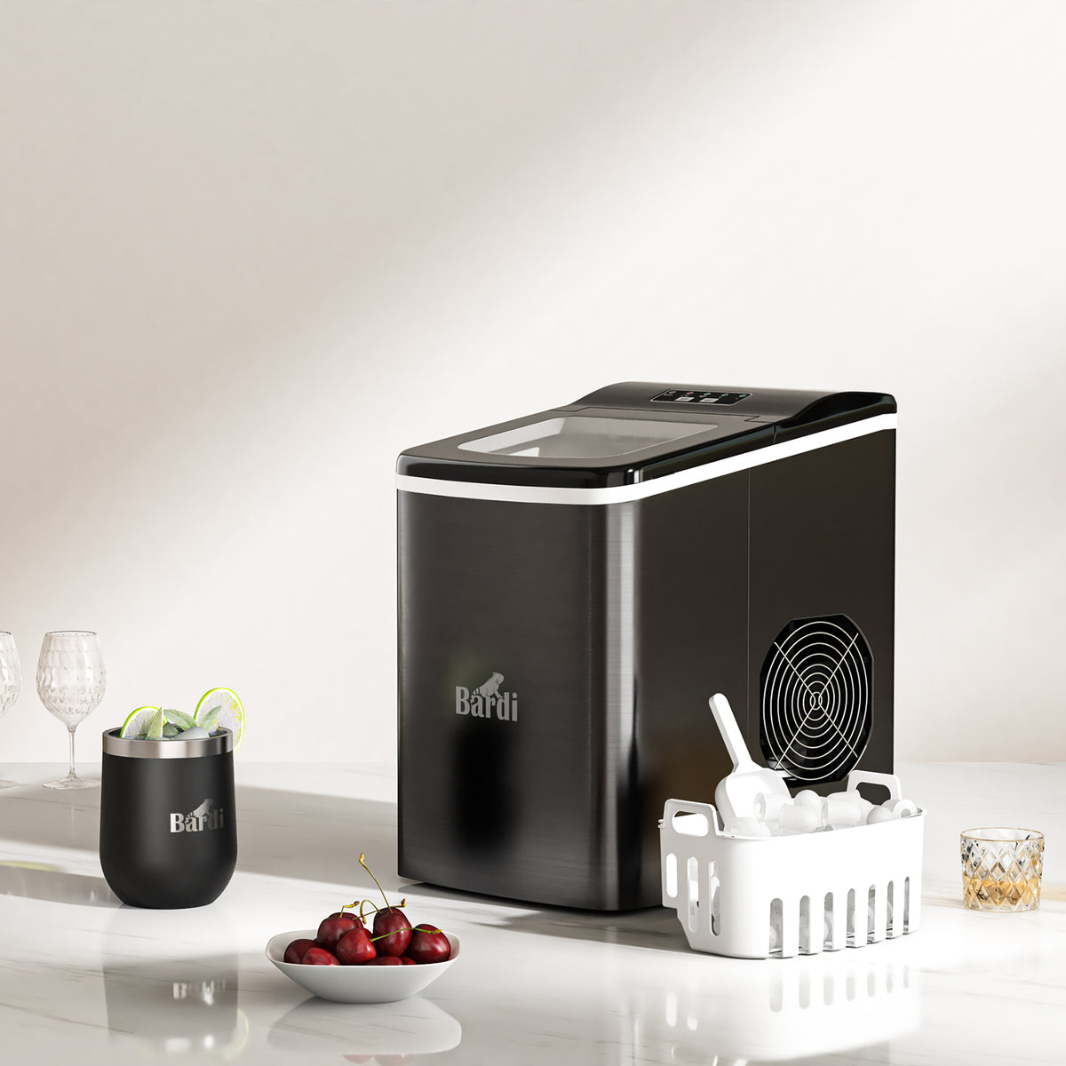 Bardi 2.0L Deluxe IJsblokjesmachine – IJsblokmaker Inclusief Luxe Thermosbeker en IJsschep – 9 Blokjes in 8 Minuten – GUNMETAL RVS