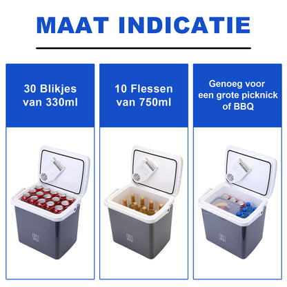 Elektrische koelbox 25L grijs - AC/DC 12V, 220/230V - incl. divider en vershoudbakjes - vergrendelbare deksel