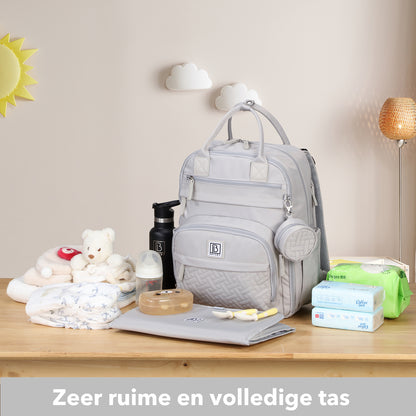 Brisby Premium Luiertas – Uitgebreide en Functionele Verzorgingstas – met buggymontage – Anti Diefstal Vakken - Reistrolley Sleeve - Inclusief verschoonmatje t.w.v.15,99 euro en speenhouder - Levenslange Garantie -Modern Grey