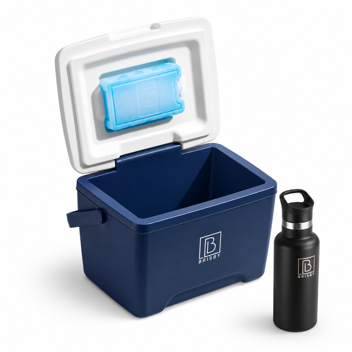 Brisby Koelbox - Frigobox - 8L - Blauw - Tot maximaal 40 uur isolatie - Incl. 2 dikke koelelementen van 450ml - Met koelelementen vergrendeld in deksel en Brisby 500ml Zwarte Dubbelwandige Thermosfles