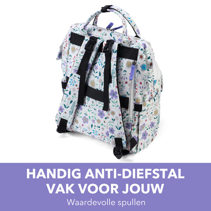 Stayopen diaper bag purple flower - care bag - stay-open frame - USB charging function - incl. buggy mounting and changing mat