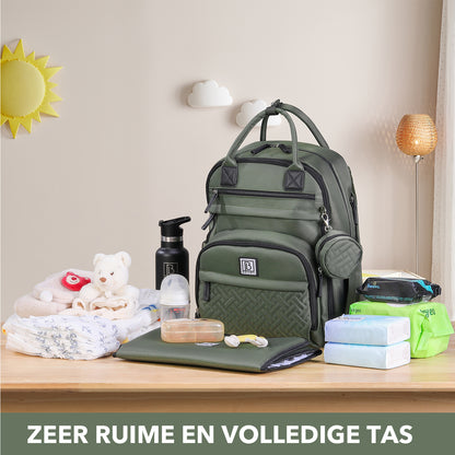 Premium luiertas groen - uitgebreide en functionele verzorgingstas - met buggymontage - anti diefstal vakken - reistrolley sleeve - incl. verschoonmatje en speenhouder - levenslange garantie