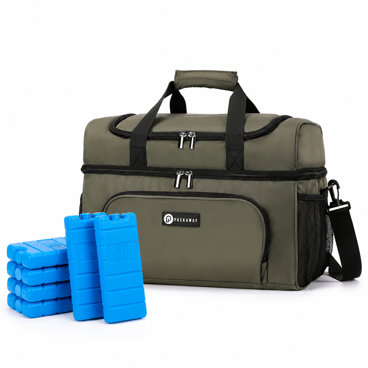 Packaway Koeltas 30L - Lunchtas - Inclusief 4 Koelelementen - Dubbel Compartiment - 4-Laags Geïsoleerd - Waterafstotend - Olive Green