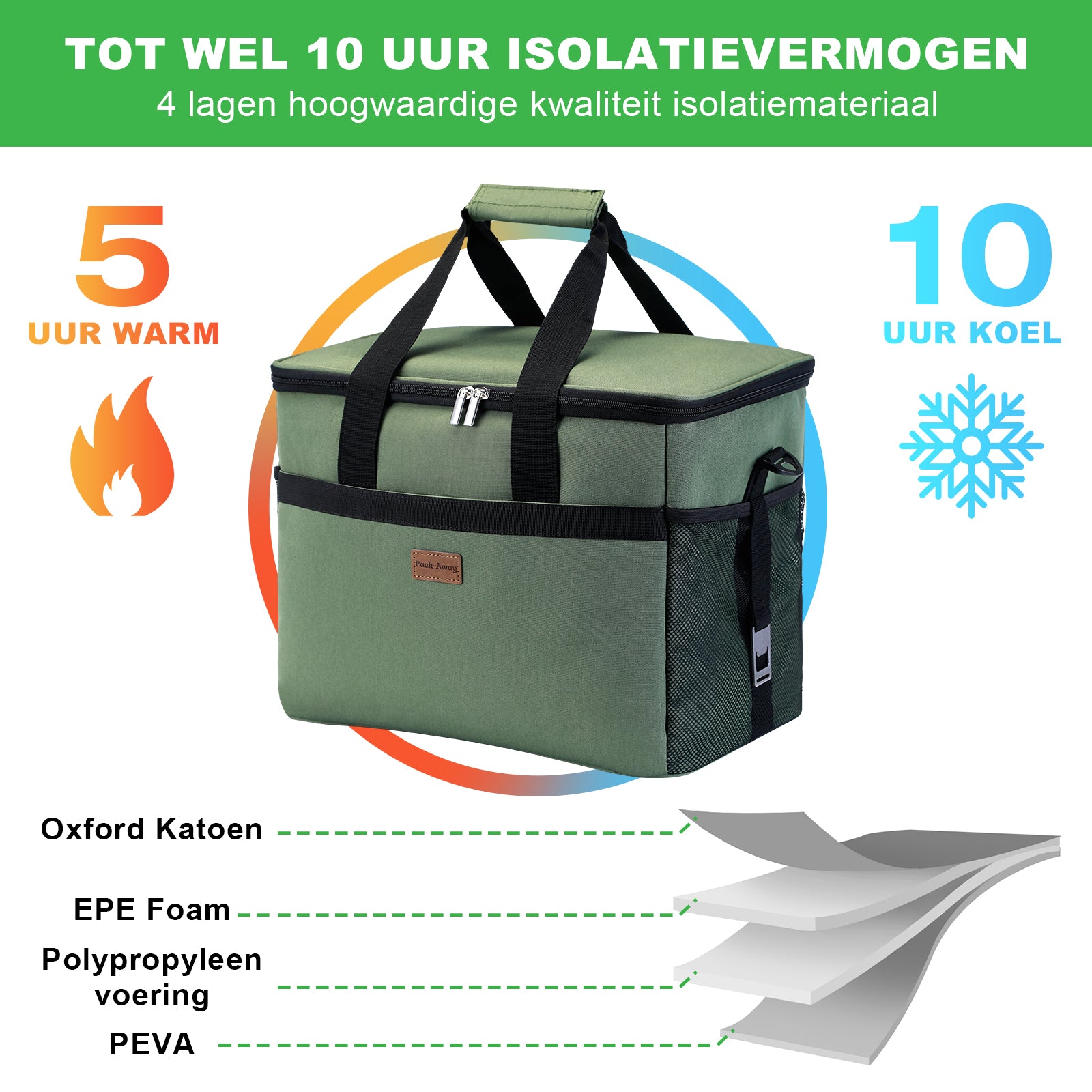 Koeltas 30L groen - lunchtas - opvouwbaar - 4-laags geïsoleerd - incl. 4 gratis koelelementen en draagband