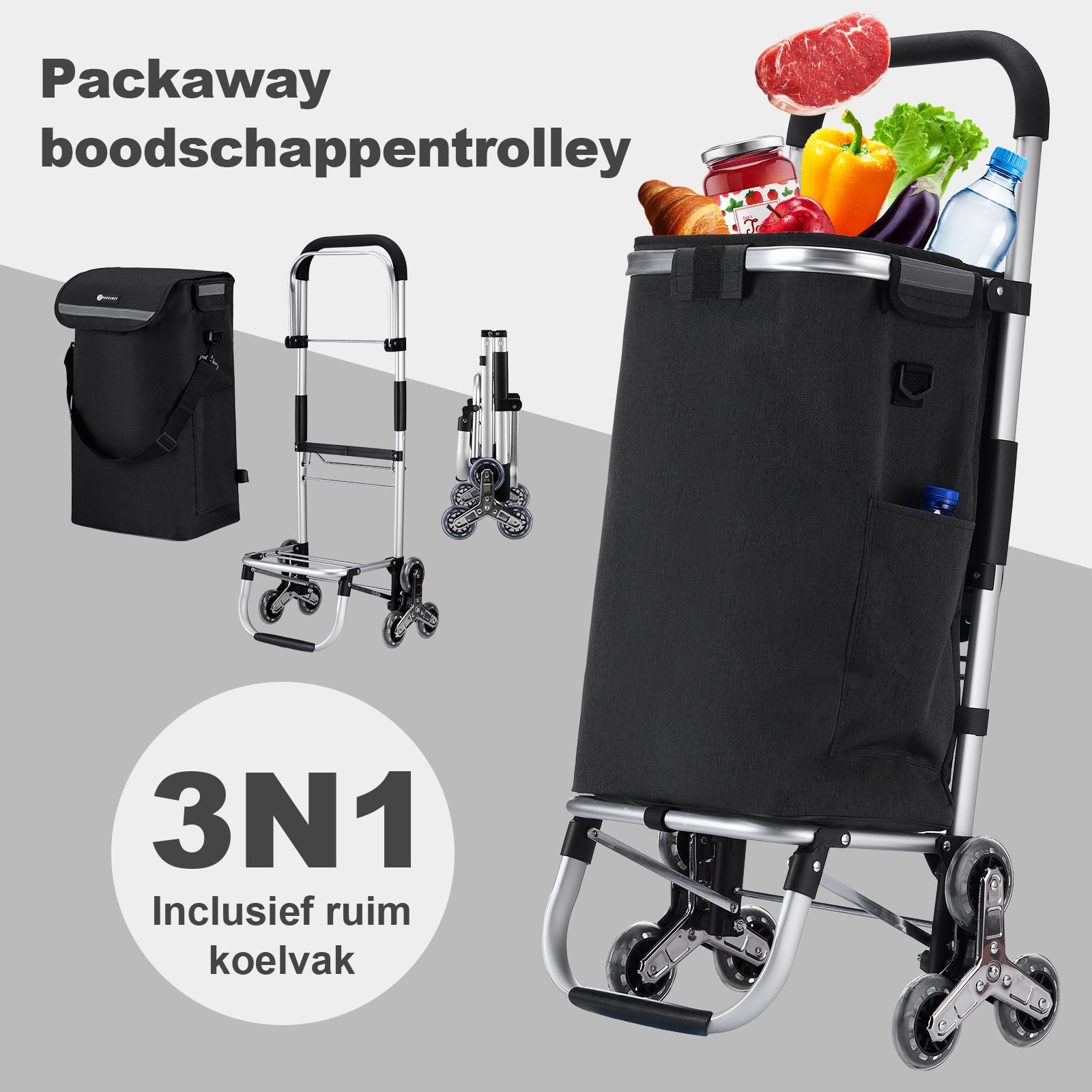 Boodschappentrolley 40L  met trapwielen grijs - winkelwagen ophanging - opvouwbaar - telescopisch handvat