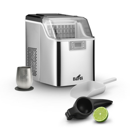 Bardi 3,2L Deluxe IJsblokjesmachine - Vierkante IJsblokmaker - LCD Display - 20Kg/24 uur. inclusief Thermosbeker en IJsschep- RVS met citruspers ZWART