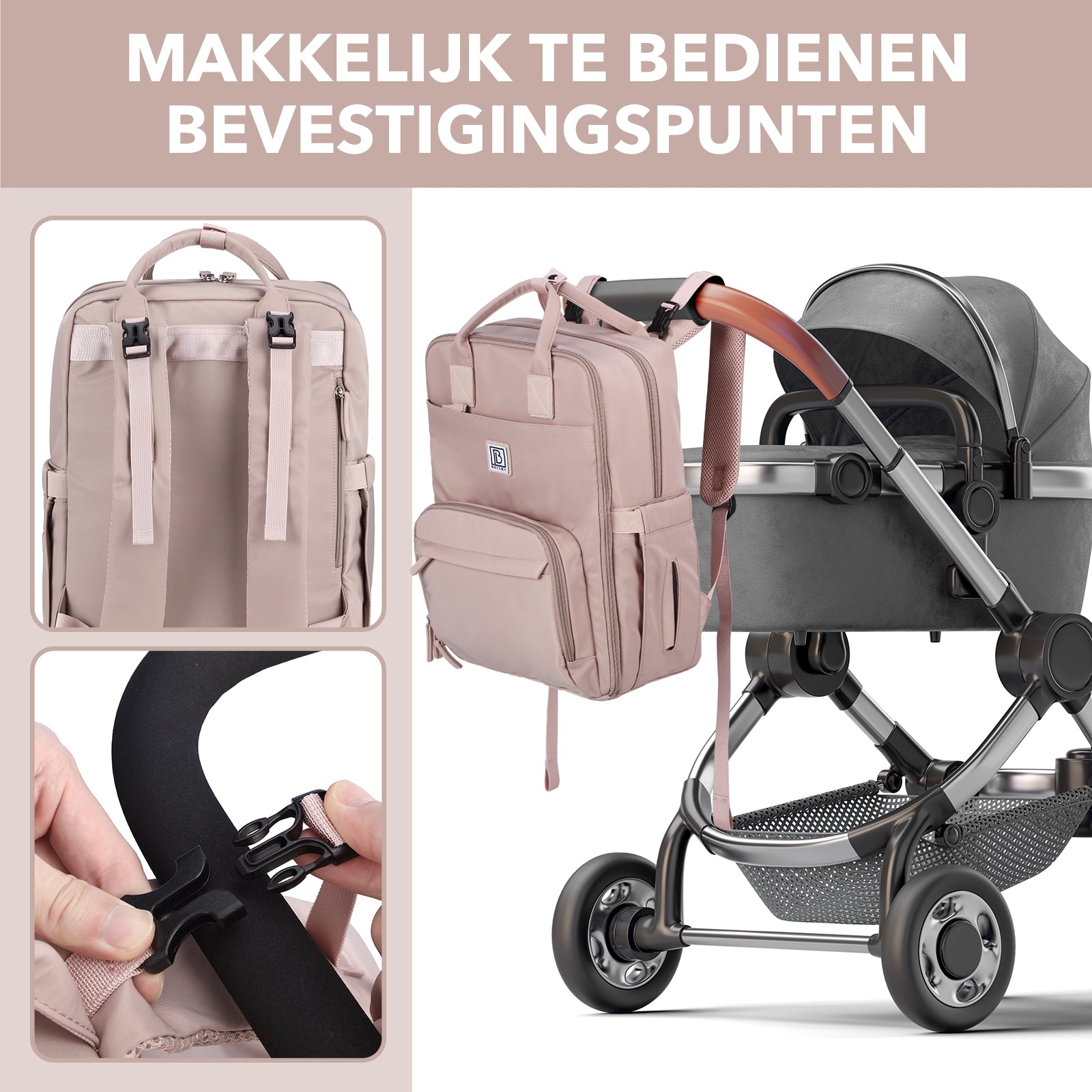Brisby slijtvaste Luiertas – verzorgingstas – met buggymontage - Muted Rose