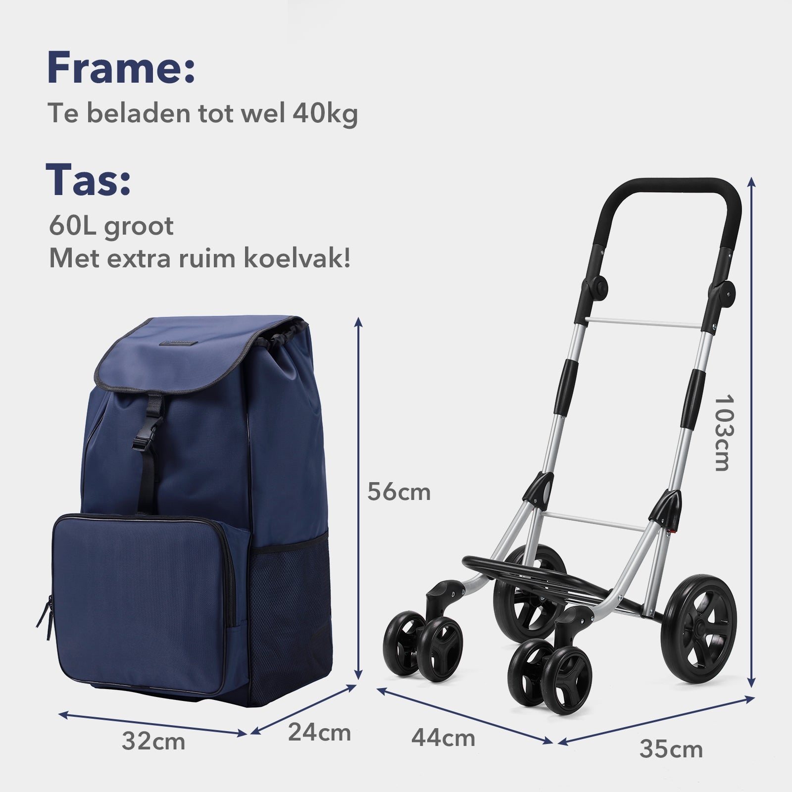 Boodschappentrolley deluxe 60L blauw  - koelvak - boodschappenwagen - steekwagenfunctie - verstelbaar handvat