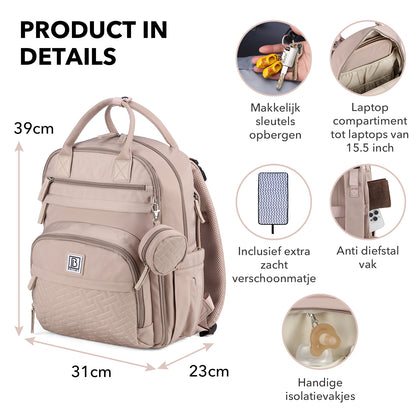 Brisby Premium Luiertas – Uitgebreide en Functionele Verzorgingstas – met buggymontage – Anti Diefstal Vakken - Reistrolley Sleeve - Inclusief verschoonmatje t.w.v.15,99 euro en speenhouder - Levenslange Garantie - Muted Rosé