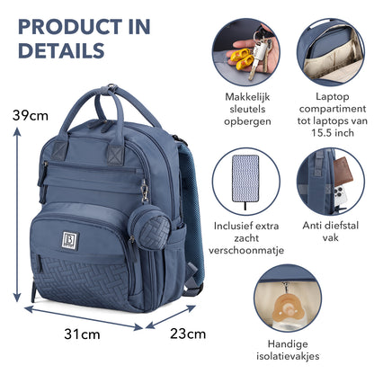 Brisby Premium Luiertas – Uitgebreide en Functionele Verzorgingstas – met buggymontage – Anti Diefstal Vakken - Reistrolley Sleeve - Inclusief verschoonmatje t.w.v.15,99 euro en speenhouder - Levenslange Garantie - Nordic Blue
