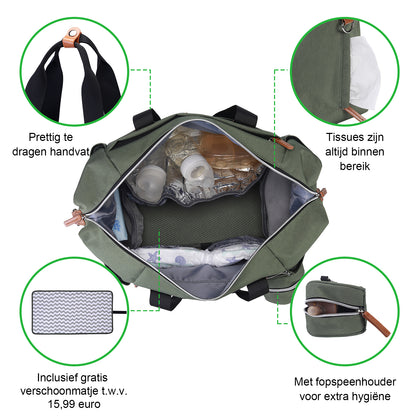 Brisby Wear-resistant Diaper Bag - Nursing Bag Large - Green - Including Changing Mat - Insulated Pockets - Pacifier Holder - Easy to Attach to the Stroller