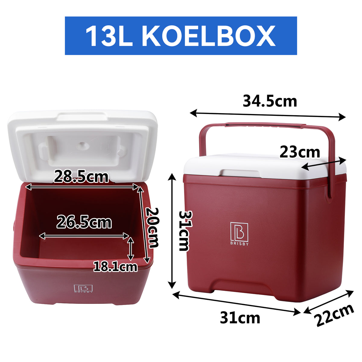 Brisby Koelbox - Frigobox - 13L- Rood - Tot maximaal 40 uur isolatie - Incl. 2 dikke koelelementen van 450ml - Met koelelementen vergrendeld in deksel en Brisby 500ml Zwarte Dubbelwandige Thermosfles