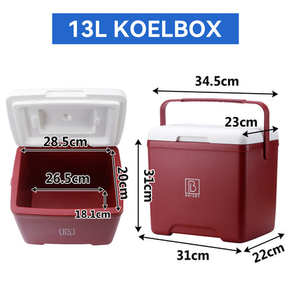 Brisby Koelbox - Frigobox - 13L- Rood - Tot maximaal 40 uur isolatie - Incl. 2 dikke koelelementen van 450ml - Met koelelementen vergrendeld in deksel en Brisby 500ml Zwarte Dubbelwandige Thermosfles
