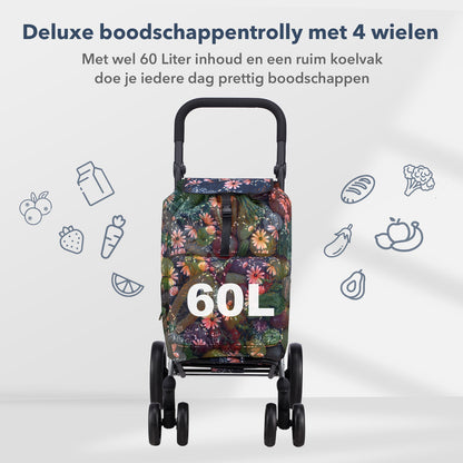 Packaway Boodschappentrolley met 4 wielen - boodschappenwagen deluxe met koelvak en verstelbaar handvat – 60 liter – Japanese Flower