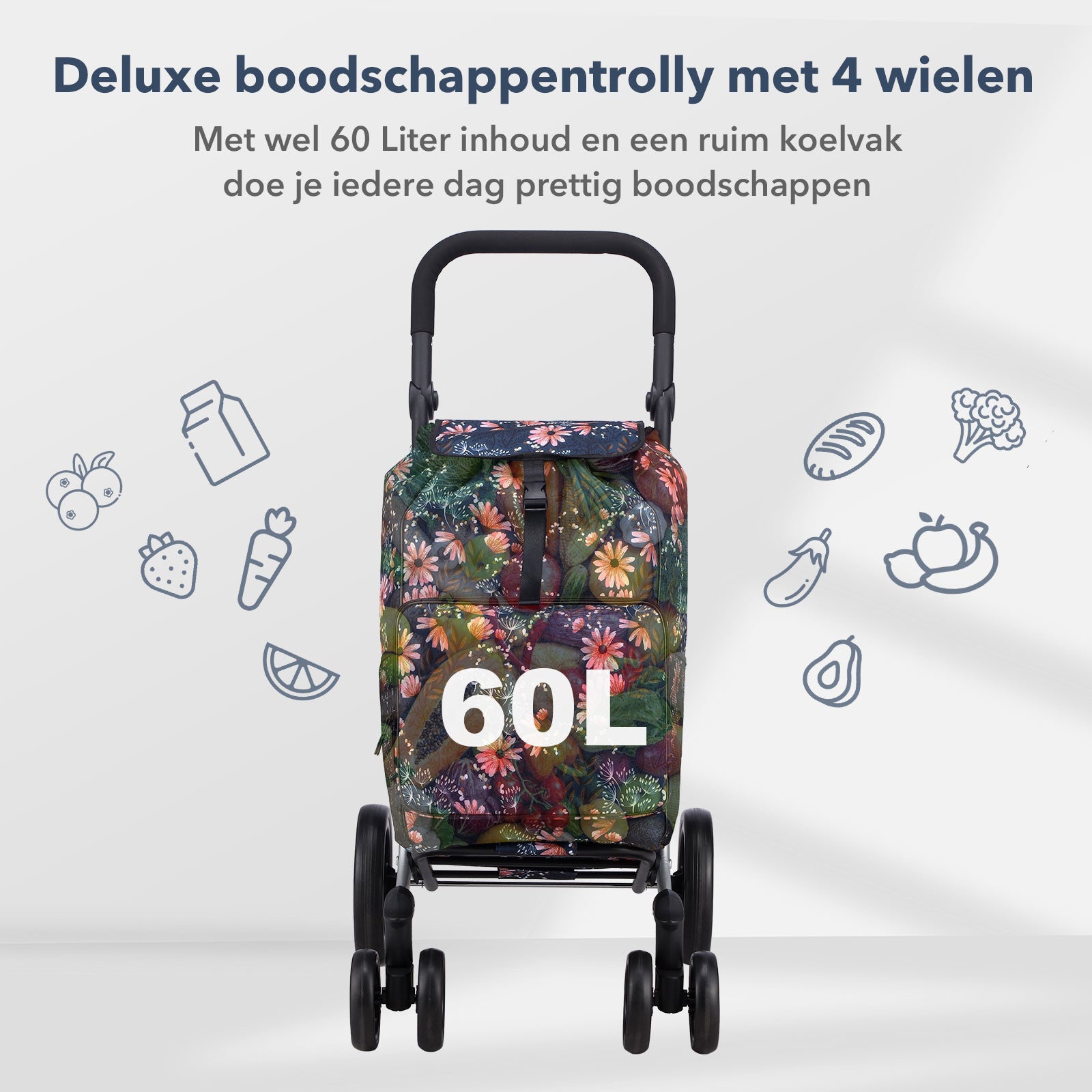 Packaway Boodschappentrolley met 4 wielen - boodschappenwagen deluxe met koelvak en verstelbaar handvat – 60 liter – Japanese Flower