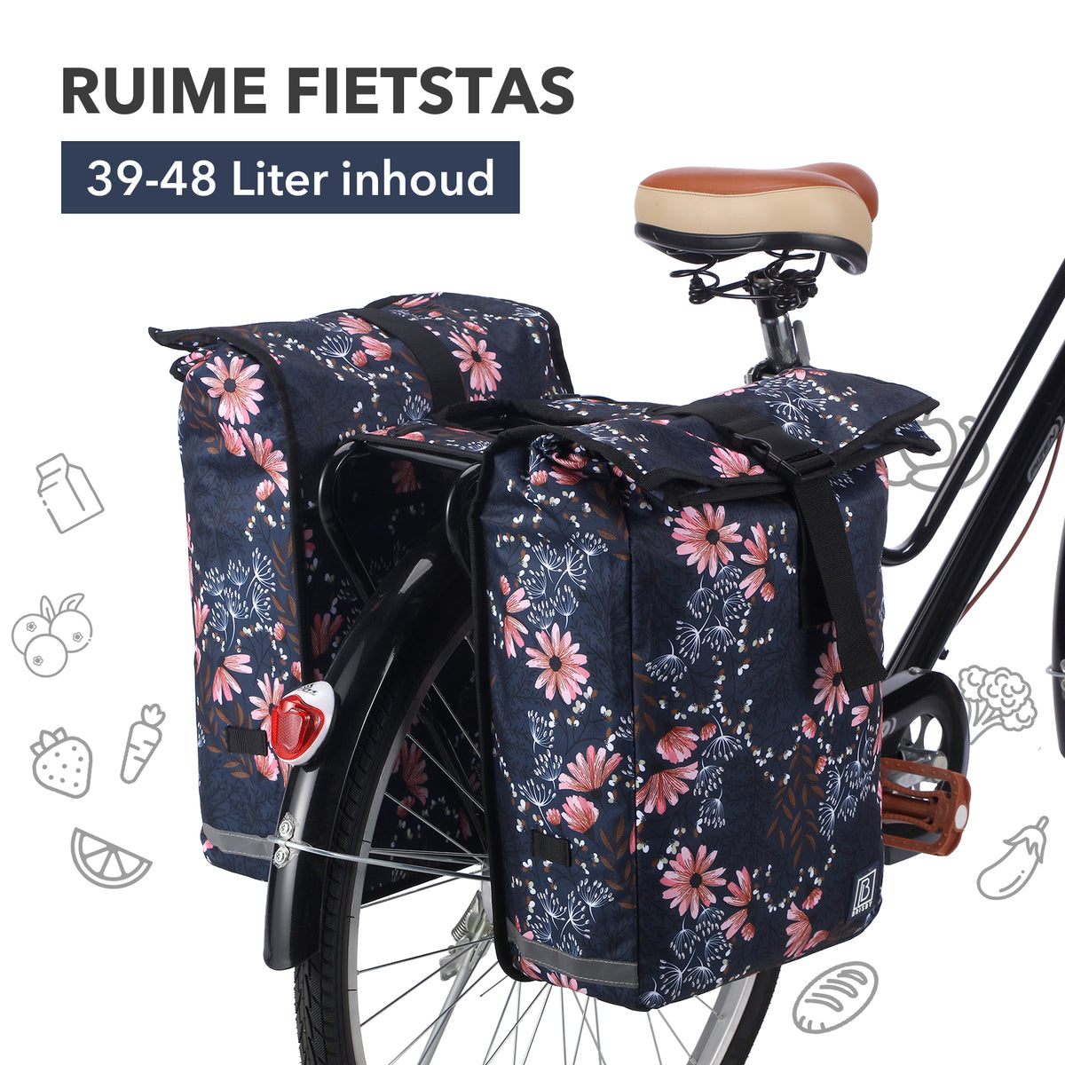 Brisby Dubbele Fietstas Rolltop Zwart 39-48L Waterdicht Geschikt voor Elektrische Fietsen & E-Bike - Japanese Flower