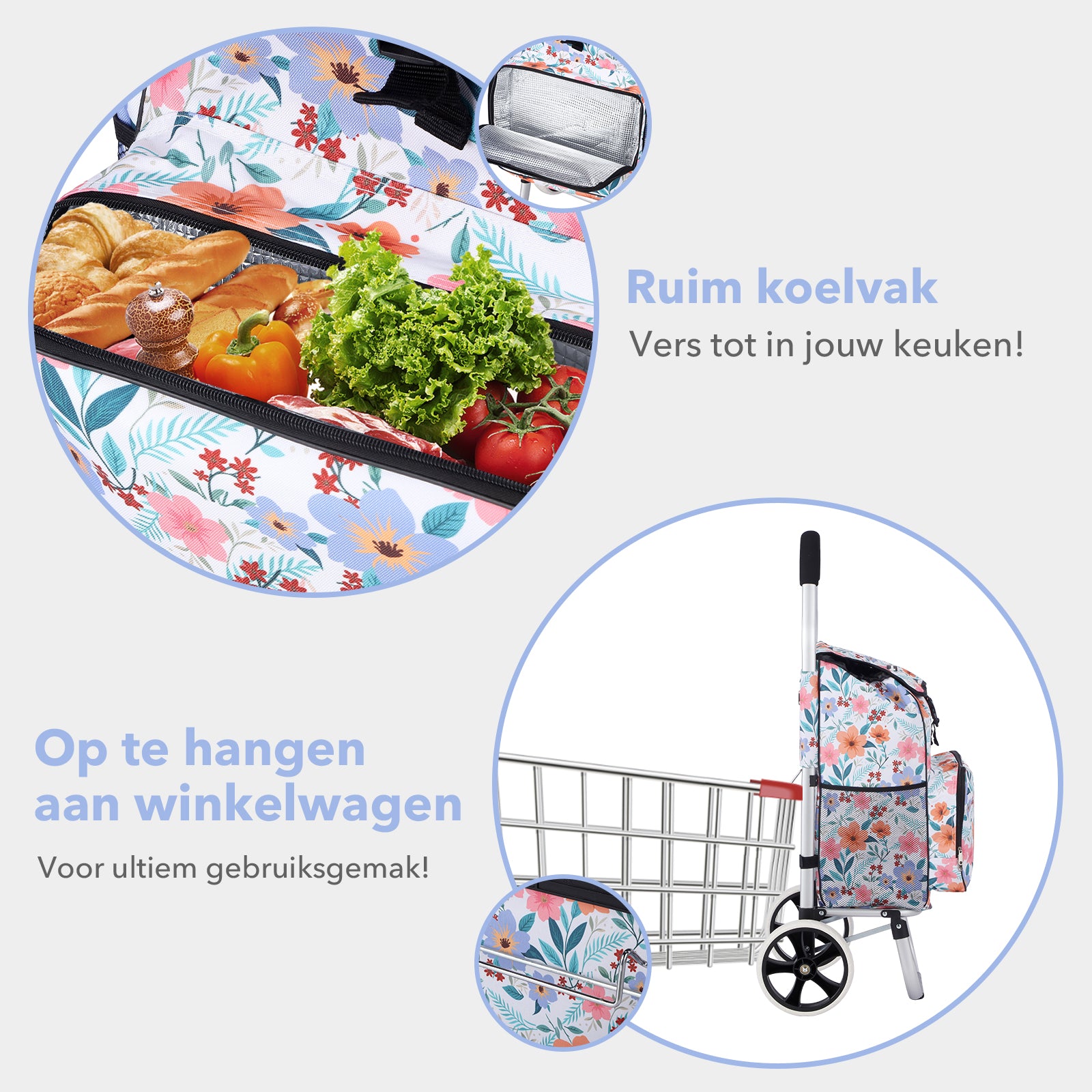 Packaway Boodschappentrolley 45L met Koelvak - Boodschappenwagen met Grote Wielen - Steekwagenfunctie - Waterafstotend - Pastel Blossom