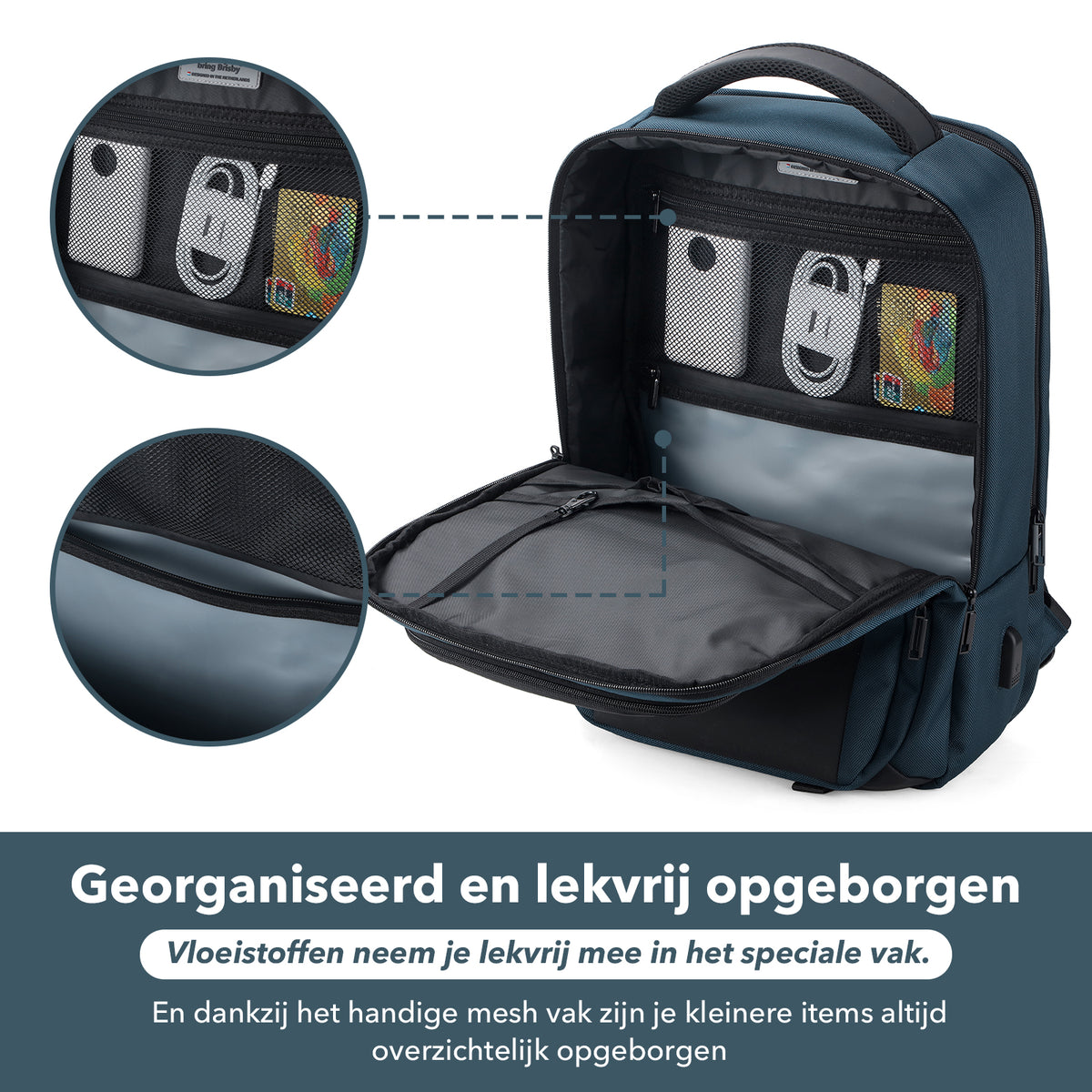 Brisby Rugzak Pro 1 – Laptoprugzak tot 15,7 inch voor Werk, School en Reizen – Waterafstotend – Met Tabletvak, Antidiefstalvak en Trolleysleeve - Blauw