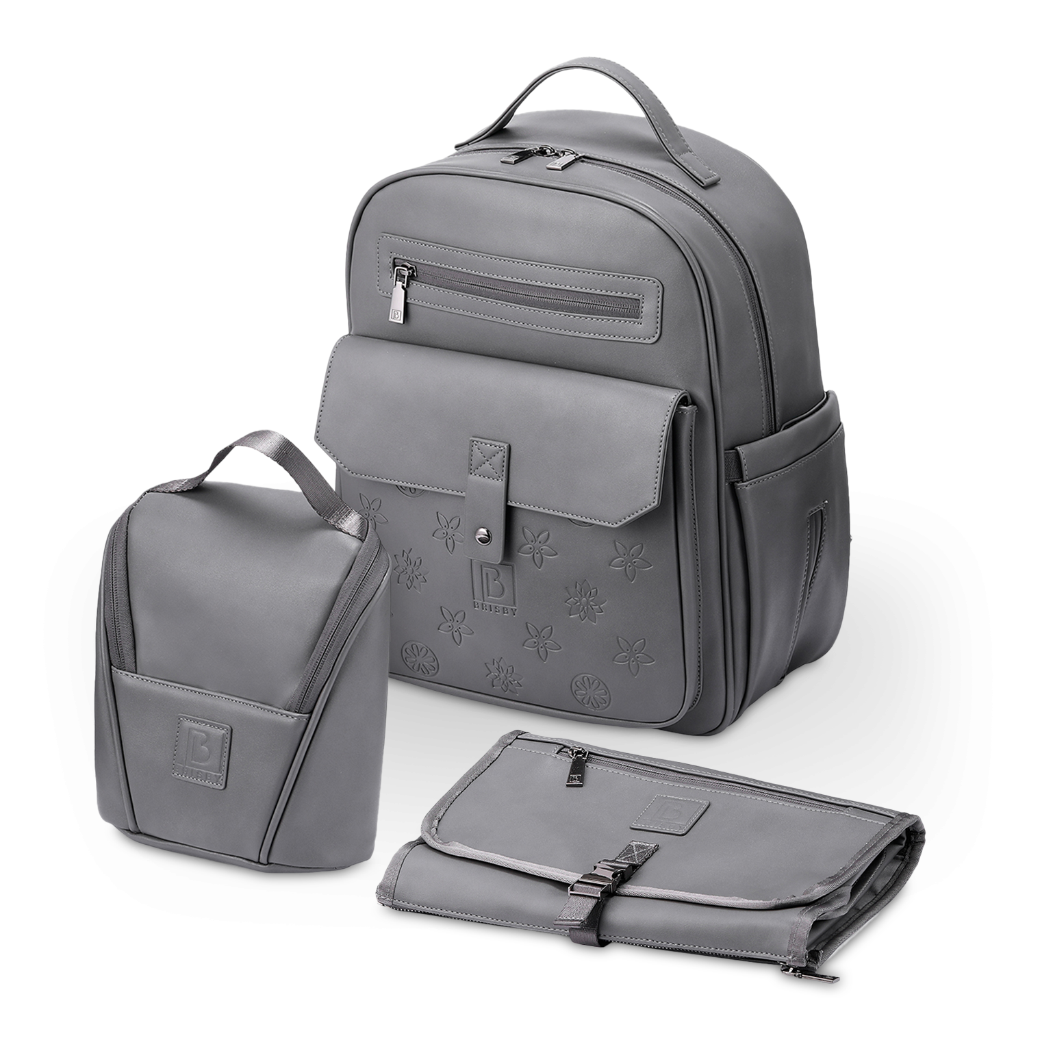 Venezia diaper bag and backpack grey - care bag - hard-wearing - incl. buggy/pram hooks, changing mat and cool bag - PU leather