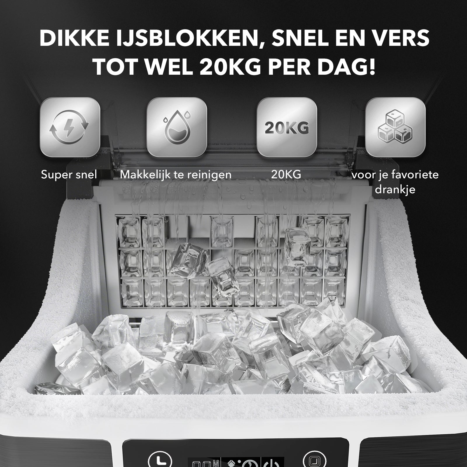 Bardi 3,2L Deluxe IJsblokjesmachine - Vierkante IJsblokmaker - LCD Display - 20Kg/24 uur. inclusief Thermosbeker en IJsschep - ZWART met citruspers Zwart