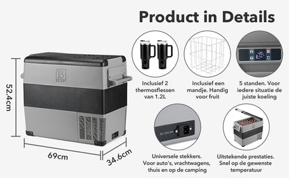Compressor koelbox 49,5L en 8L koelbox zwart SET - Dual zone - koelen en vriezen - 12V en 230V - incl. 2x 1,2L thermosbekers