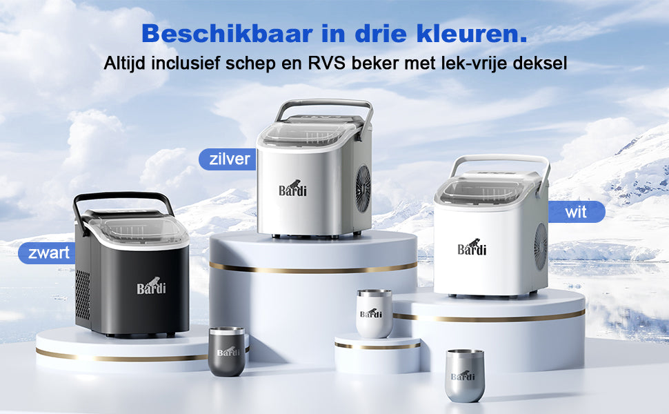 Deluxe IJsblokjesmachine 1,2L RVS - zelfreinigingsfunctie - incl. luxe thermosbeker en ijsschep