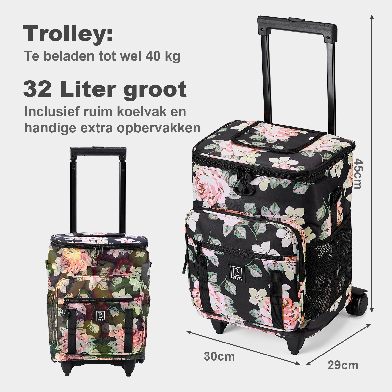 Brisby Boodschappentrolley met Koelvak – 32L Ruimte – Ideaal voor Boodschappen – Inclusief Koelelementen – Waterafstotend – Verstelbaar Handvat – Dark Flower