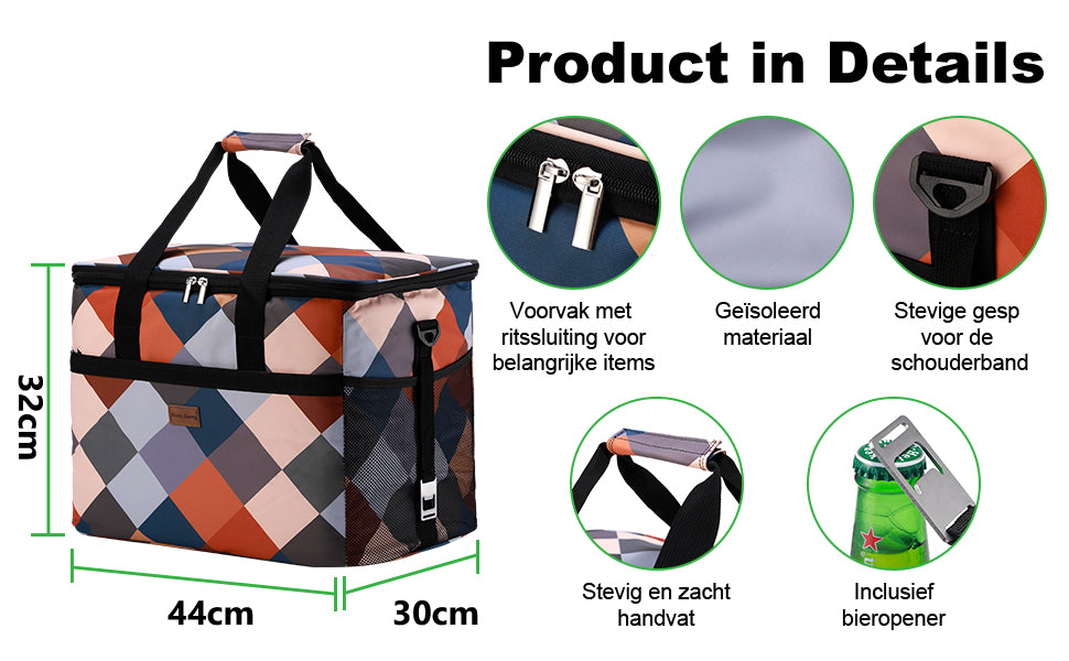 Koeltas 40L block - lunchtas - opvouwbaar - 4-laags geïsoleerd - incl. 6 gratis koelelementen en draagband