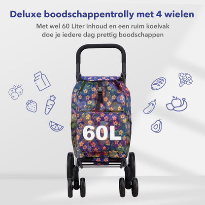 Packaway Boodschappentrolley met 4 wielen - boodschappenwagen deluxe met koelvak en verstelbaar handvat – 60 liter – Blue Blossom