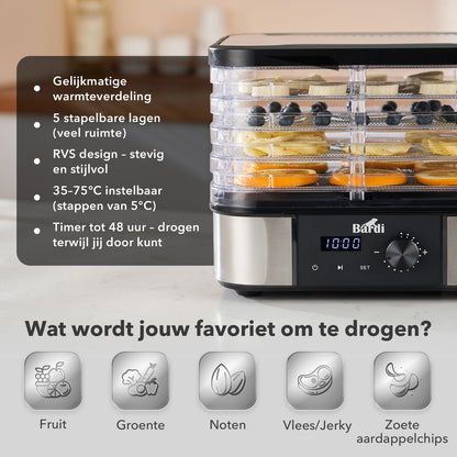 Bardi Voedseldroger 5-laags 350W RVS - 24-uurs timer - led-bedieningspaneel - incl. 5 inlegvellen en voedseltang
