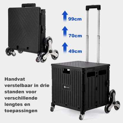 Boodschappentrolley 50L XL met trapwielen zwart - boodschappenkrat - 35 kg draagvermogen - met deksel en telescopisch handvat