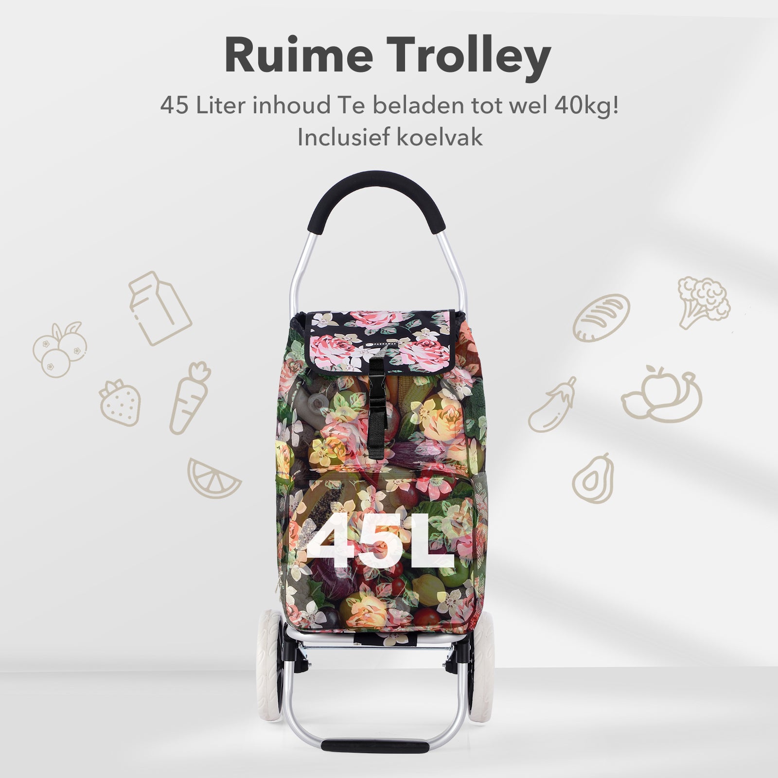Packaway Boodschappentrolley 45L met Koelvak - Boodschappenwagen met Grote Wielen - Steekwagenfunctie - Waterafstotend - Black Flower