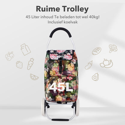 Packaway Boodschappentrolley 45L met Koelvak - Boodschappenwagen met Grote Wielen - Steekwagenfunctie - Waterafstotend - Black Flower