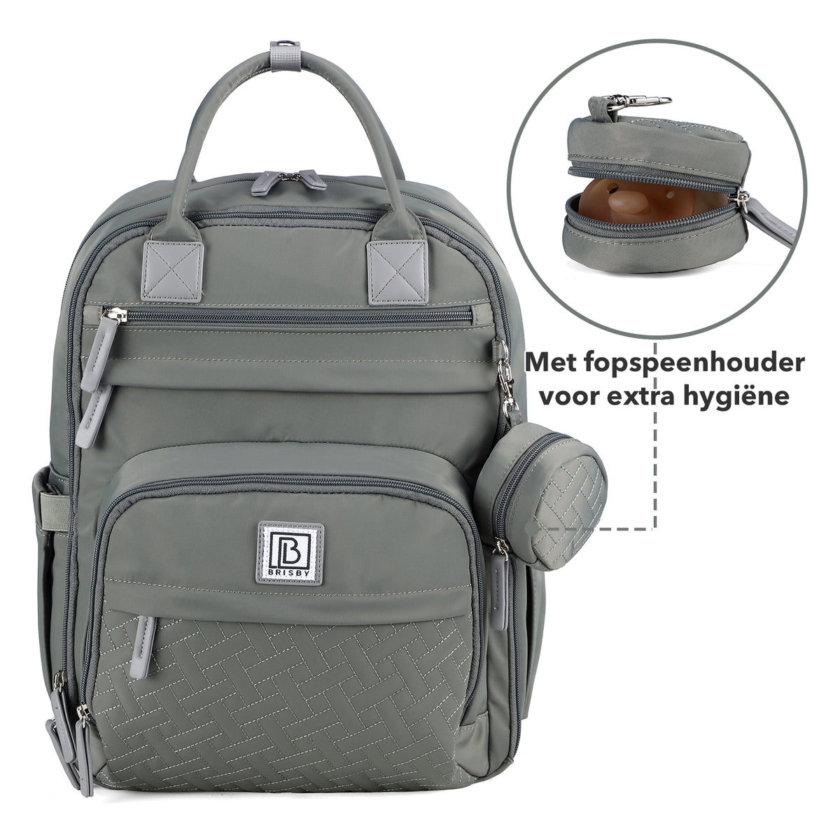 Brisby Premium Luiertas – Uitgebreide en Functionele Verzorgingstas – met buggymontage – Anti Diefstal Vakken - Reistrolley Sleeve - Inclusief verschoonmatje t.w.v.15,99 euro en speenhouder - Levenslange Garantie - Misty Green