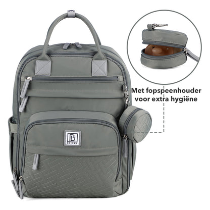 Brisby Premium Luiertas – Uitgebreide en Functionele Verzorgingstas – met buggymontage – Anti Diefstal Vakken - Reistrolley Sleeve - Inclusief verschoonmatje t.w.v.15,99 euro en speenhouder - Levenslange Garantie - Misty Green