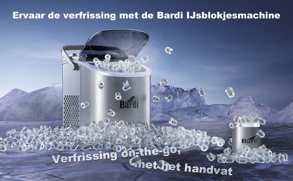 Bardi Deluxe IJsblokjesmachine 1,2L RVS - Zelfreinigingsfunctie - ijsblokmaker met ijsschep - Incl. luxe thermosbeker en ijsschep