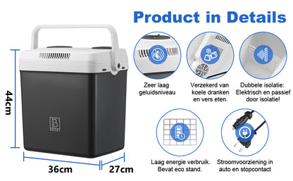 Elektrische koelbox 25L grijs - AC/DC 12V, 220/230V - incl. divider en vershoudbakjes - vergrendelbare deksel