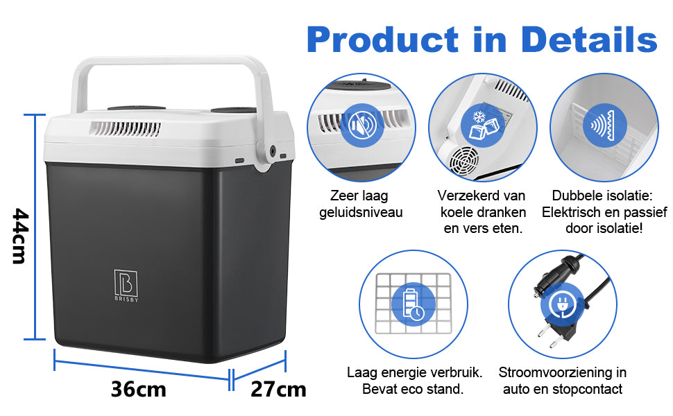 Elektrische koelbox 25L grijs - AC/DC 12V, 220/230V - incl. divider en vershoudbakjes - vergrendelbare deksel