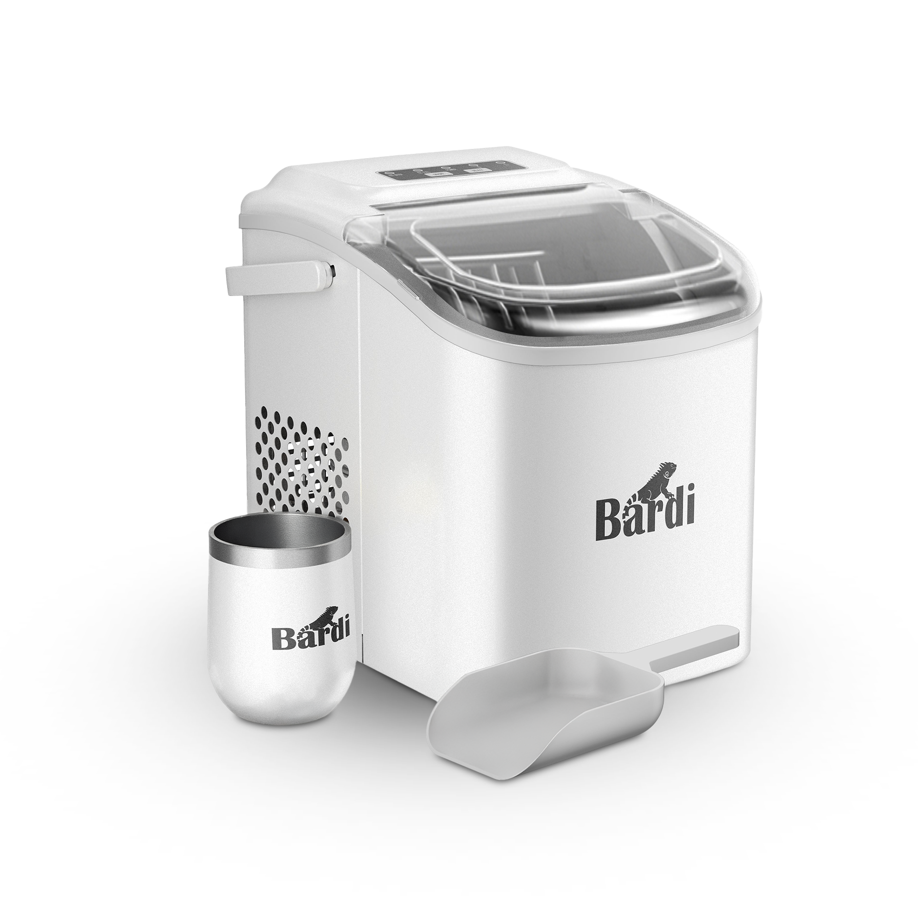 Bardi Deluxe Ice Cube Machine 1.2L white - Self-cleaning function - ice cube maker with ice scoop - Incl. luxury thermos cup and ice scoop