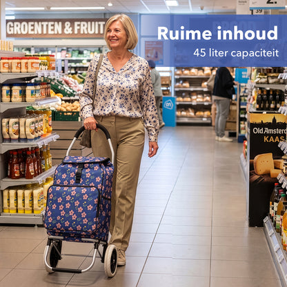 Packaway Boodschappentrolley 45L met Koelvak - Boodschappenwagen met Grote Wielen - Steekwagenfunctie - Waterafstotend - Blue Blossom