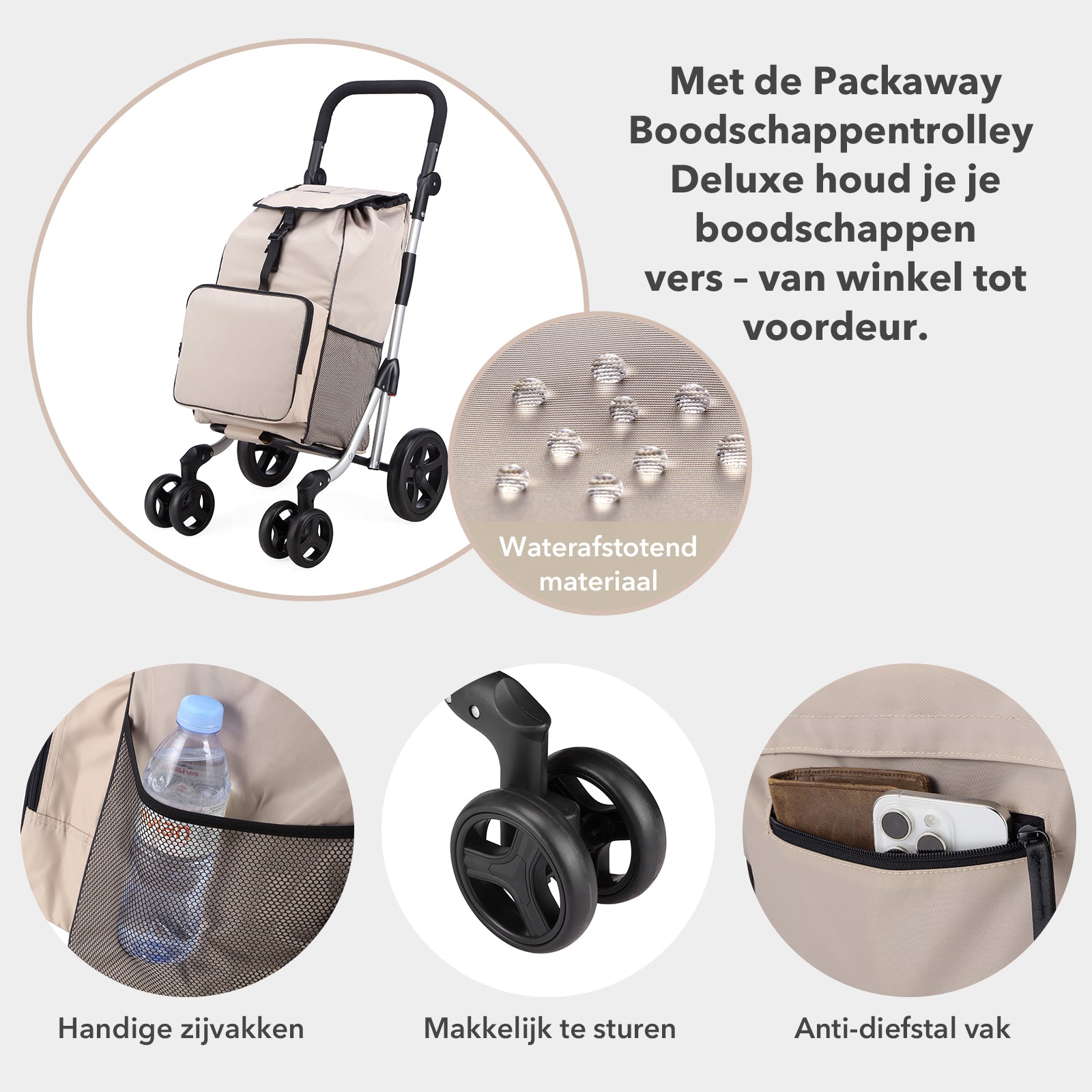 Packaway Boodschappentrolley met 4 wielen - boodschappenwagen deluxe met koelvak en verstelbaar handvat – 60 liter – Champagne