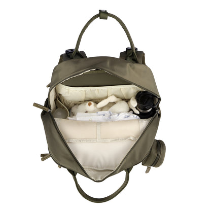 Brisby Premium Luiertas – Uitgebreide en Functionele Verzorgingstas – met buggymontage – Anti Diefstal Vakken - Reistrolley Sleeve - Inclusief verschoonmatje t.w.v.15,99 euro en speenhouder - Levenslange Garantie - Olive Green