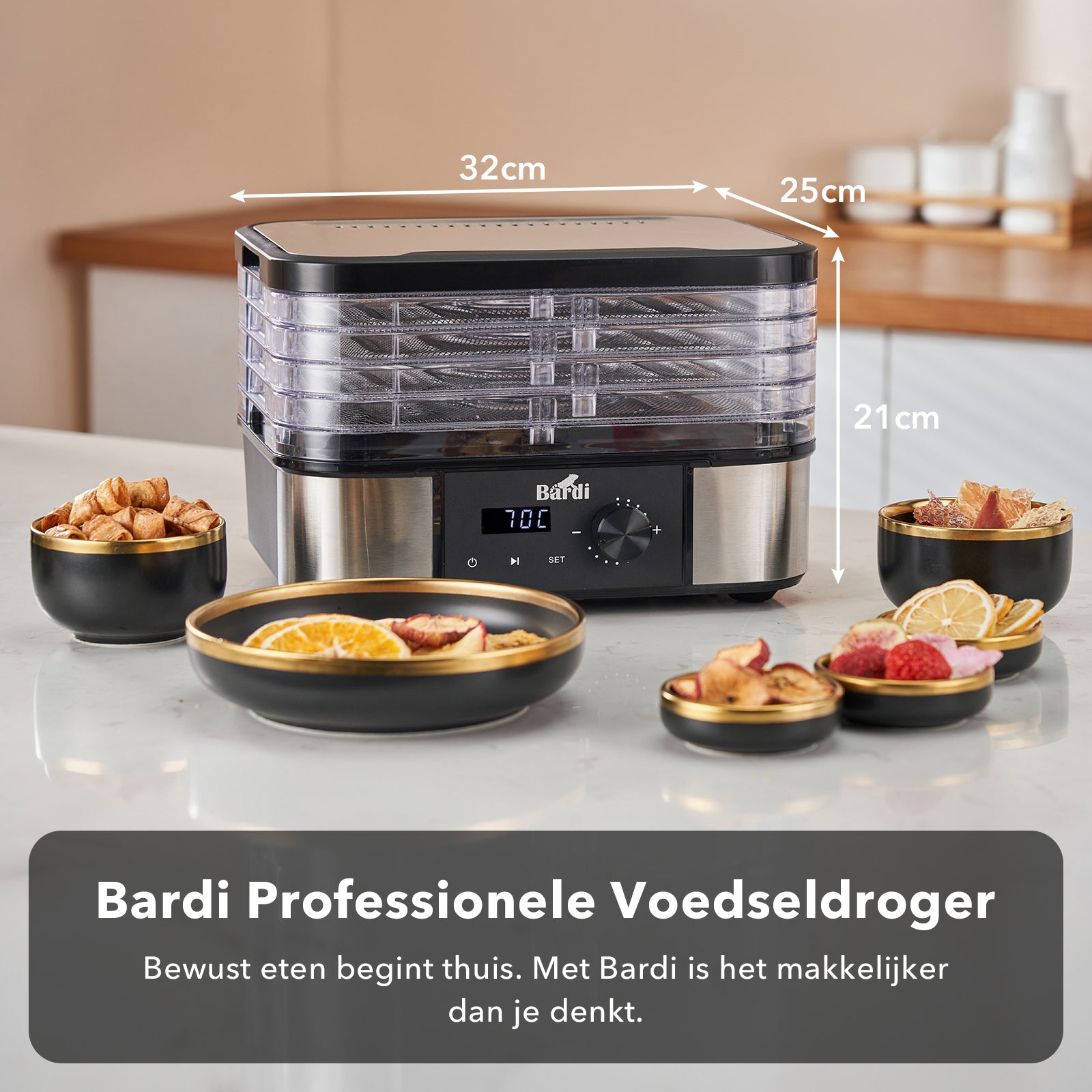 Bardi Voedseldroger 5-laags 350W RVS - 24-uurs timer - led-bedieningspaneel - incl. 5 inlegvellen en voedseltang