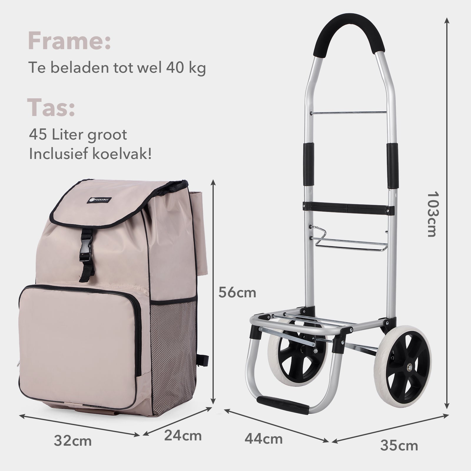 Packaway Boodschappentrolley met koelvak - 45L - boodschappenwagen - steekwagen functie - Champagne