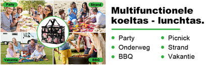 Koeltas 40L black flower - lunchtas - opvouwbaar - 4-laags geïsoleerd - incl. 6 gratis koelelementen en draagband