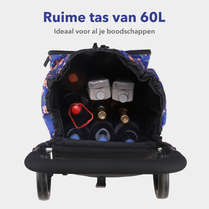 Packaway Boodschappentrolley met 4 wielen - boodschappenwagen deluxe met koelvak en verstelbaar handvat – 60 liter – Blue Blossom