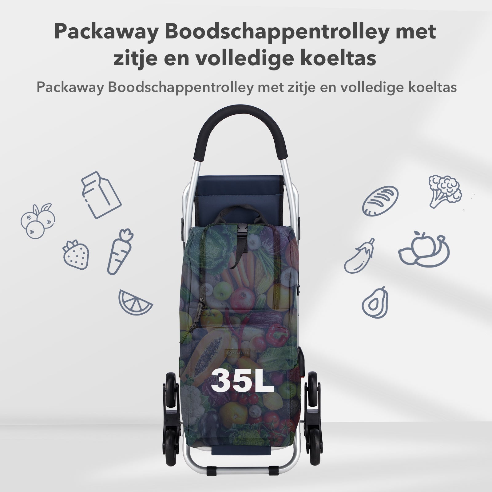 Packaway 35L Boodschappentrolley met 6 Wielen voor Trappen - Klapstoel Functie - Steekwagen Functie - Geïsoleerd - Afneembare Rugzak - Blauw