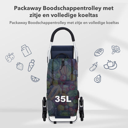 Packaway 35L Boodschappentrolley met 6 Wielen voor Trappen - Klapstoel Functie - Steekwagen Functie - Geïsoleerd - Afneembare Rugzak - Blauw