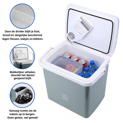 Elektrische koelbox 25L groen - AC/DC 12V, 220/230V - incl. divider en vershoudbakjes - vergrendelbare deksel